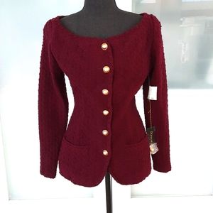 NWT VIntage DONNA KARAN Cabernet Wool Cardigan with Gold Buttons